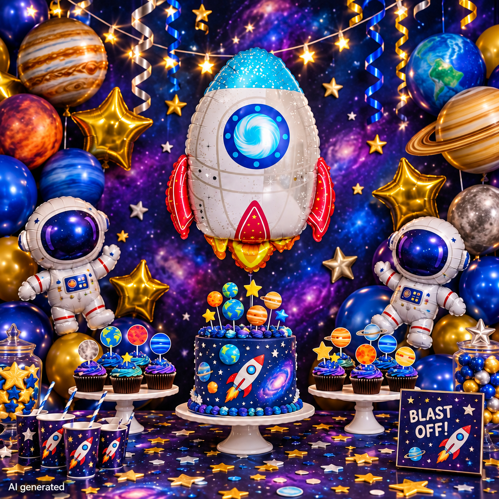 Astronautti- ja rakettiaiheinen foliopallo – 72 × 54 cm