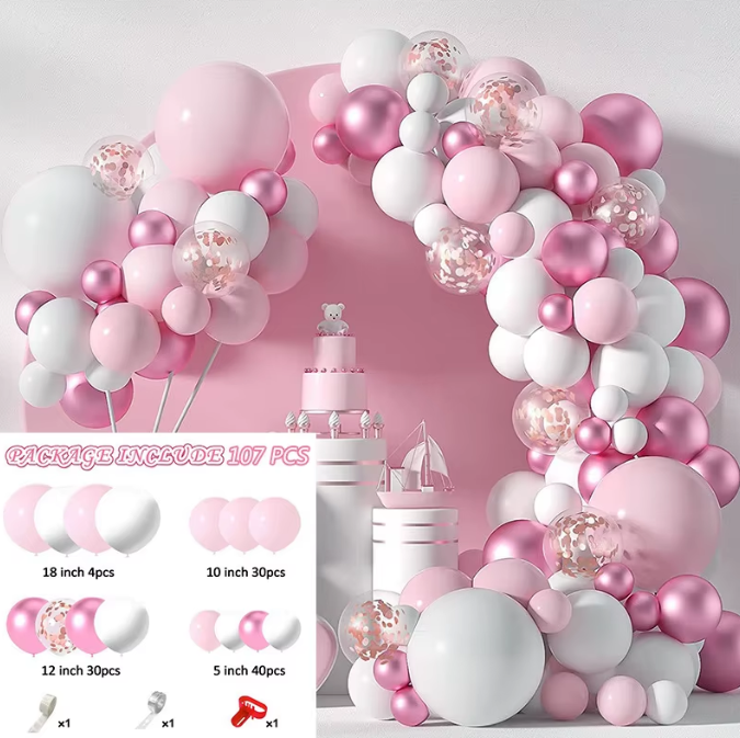 Pinkki ilmapallokaari (yhteensä 107 ilmapalloa)