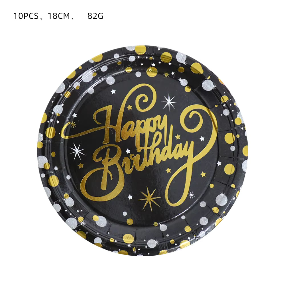 Happy Birthday pahvilautaset 10kpl,18cm musta-kultaiset