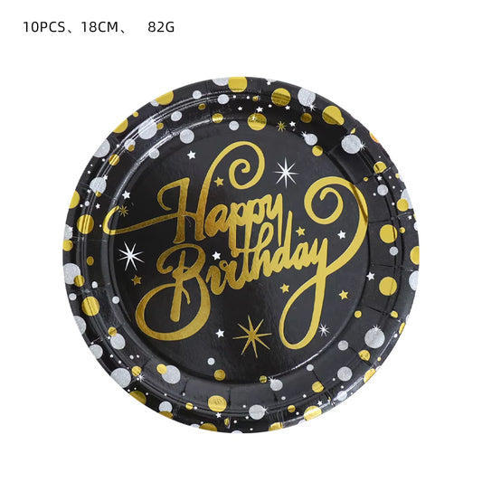 Happy Birthday pahvilautaset 10kpl,18cm musta-kultaiset