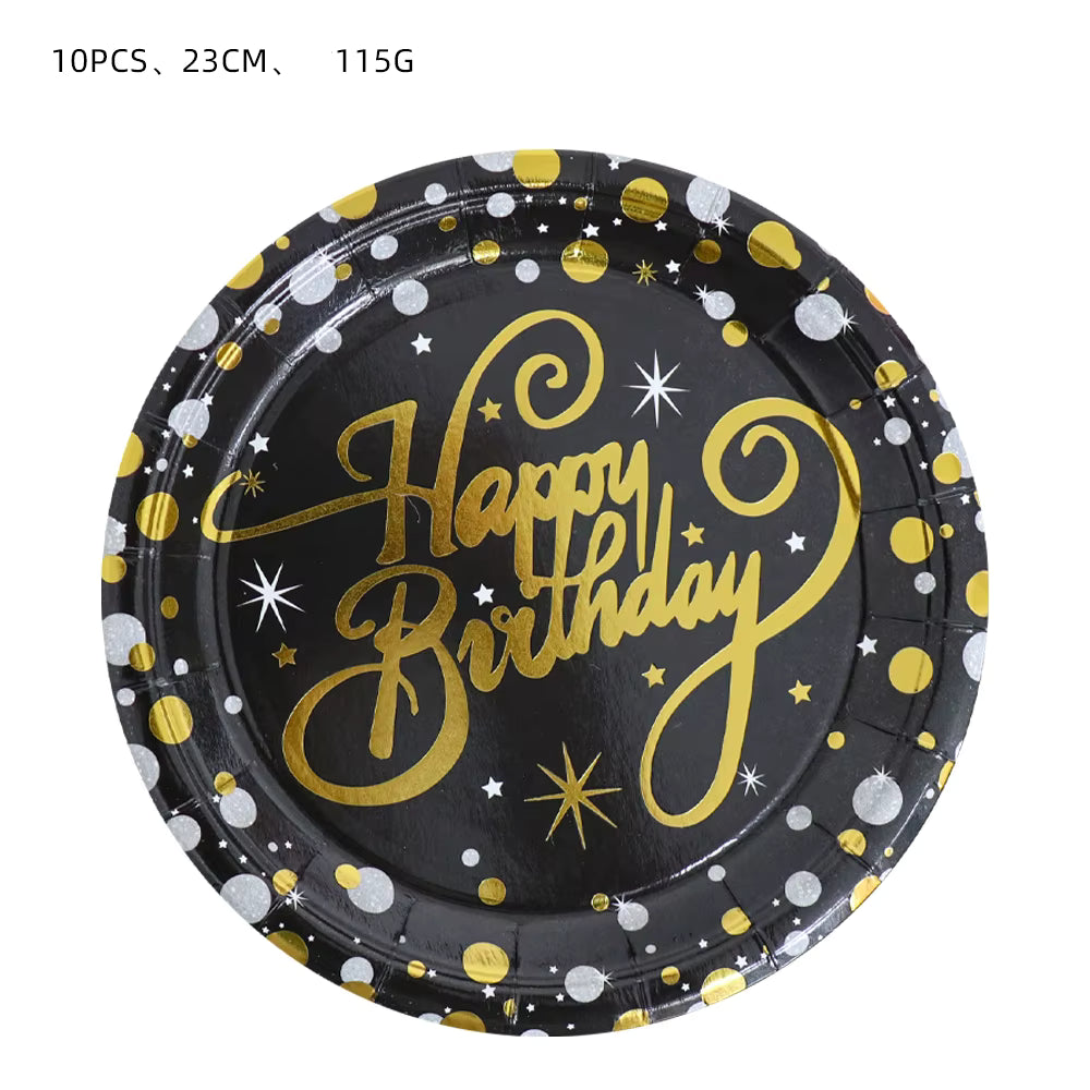 Happy Birthday pahvilautaset 10kpl,23cm musta-kultaiset