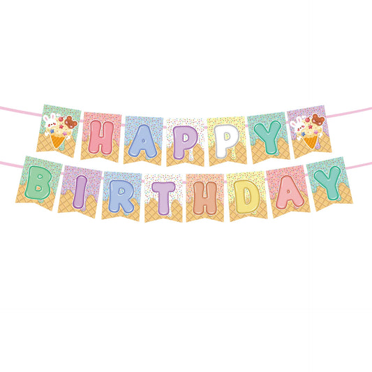 Jäätelötötterö-teemainen Happy Birthday -banneri